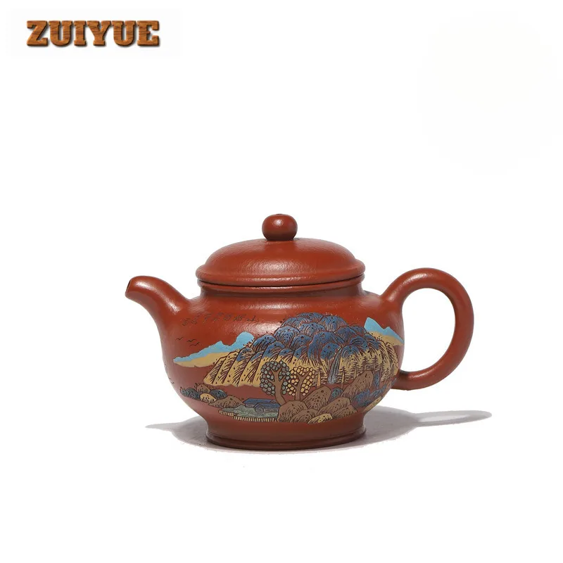 

200ml Yixing Purple Clay Teapot Artists Handmade Colored Drawing Pot Raw Ore Zhu Mud Kettle With Strainer Zisha Tea Set Supplies