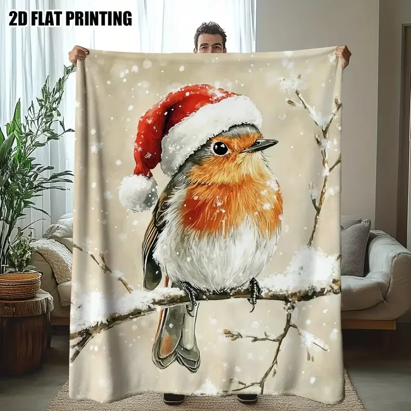 Watercolor Robin Bird Santa Hat Snow Scene Throw Blanket Soft Cozy Warm Bed Sofa Blanket Winter Xmas Home Decor Blanket