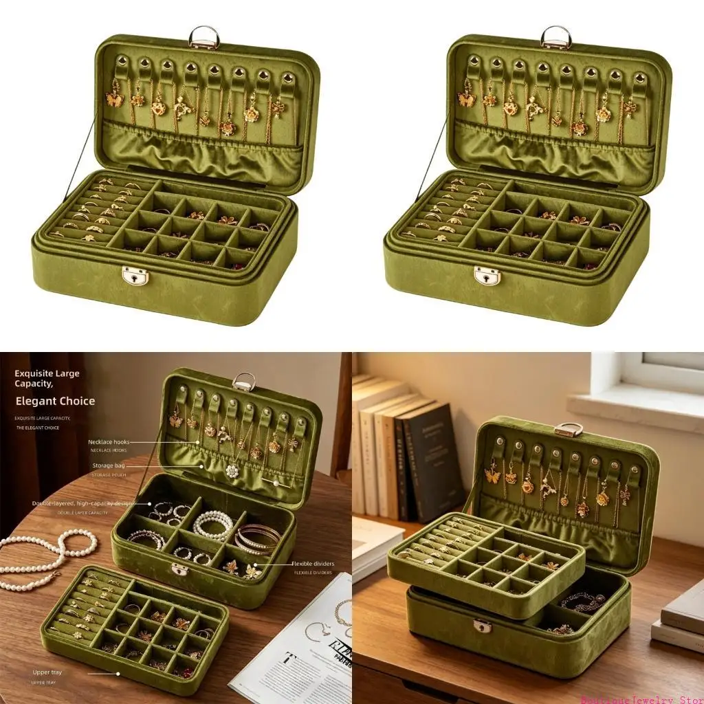 E1PE Double Layer Jewelry Box Storage Case with Ring Rolls Necklace Hooks Structured Compartments and Gift Ready Appeal