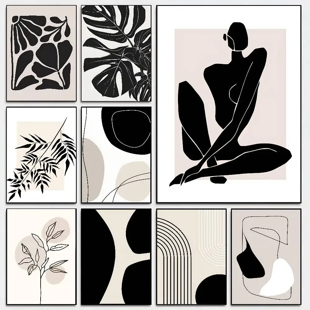 Black Leaf Line Flow Art Poster Self-adhesive Art Room Entrance Restaurant Wall Decor Art Painting
