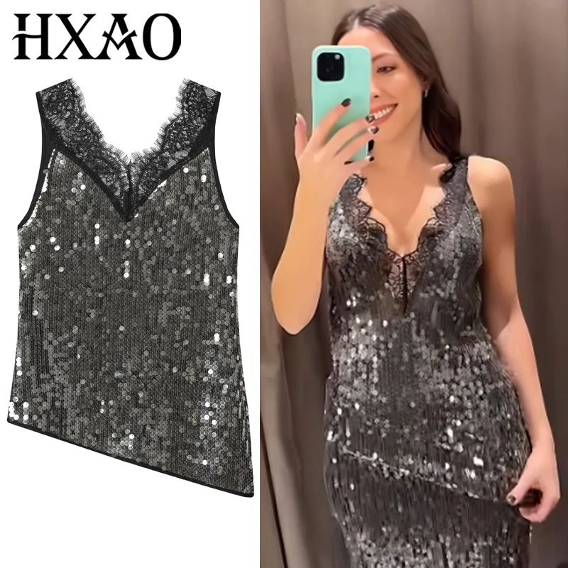 HXAO Asymmetrisches Spitzen-Pailletten-Top für Damen, Y2K-Tanktops und Camis, sexy Slip-Tanktop, ärmelloses Glitzer-Unterhemd, schicke, glänzende, rückenfreie Westen