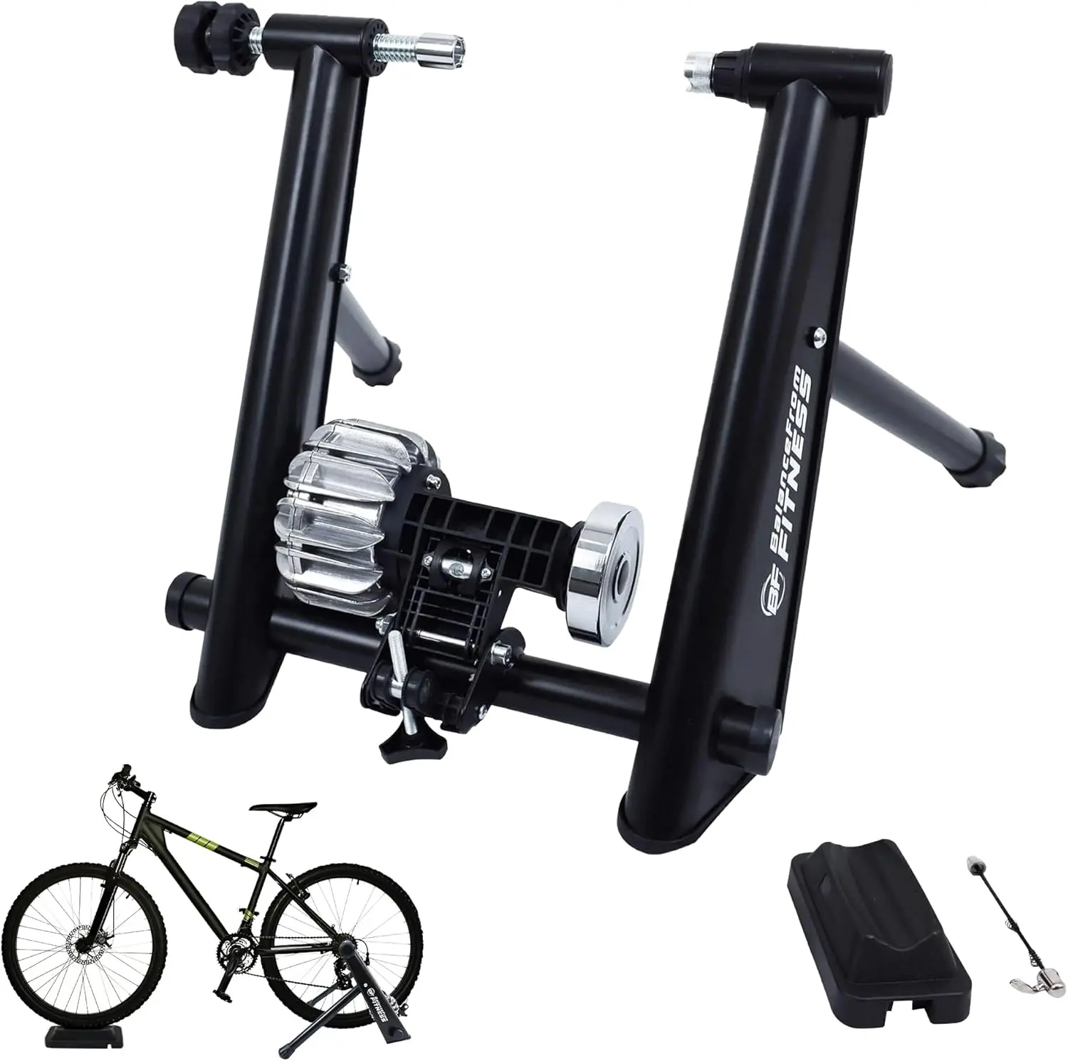 

Adjustable Fluid Magnetic Bike Trainer Stand with Front Wheel Riser Block, Multiple Resistance Options for Indoor Cycling