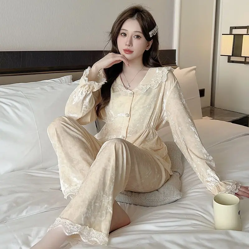 Can Worn Outside The Home Clothes Large Size Slimming Pyjamas Korean Version of Gold Diamond Velvet Sweet Princess Wind Two Sets