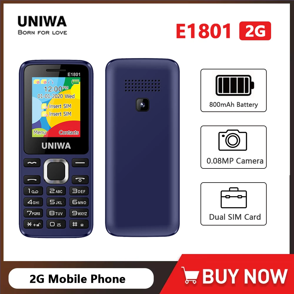 UNIWA E1801 2G GSM Bar Feature Mobile Phone Dual SIM CellPhone For Elder Wireless FM Radio Support TF Expansion Vibrator