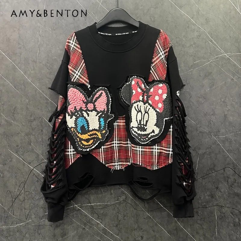 

2025 Autumn Heavy Industry New Cartoon Distressed Design O-Neck Sweatshirt For Women's Loose Casual Versatile Fashion Top Hoodie