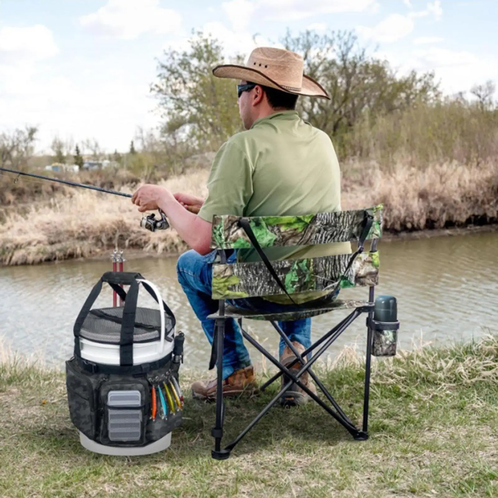 

Ведро для рыбалки с несколькими карманами, Оксфордская организация для приманки, сумка для удочки для пеших прогулок, кемпинга, путешествий, катания на лодках, уличное снаряжение