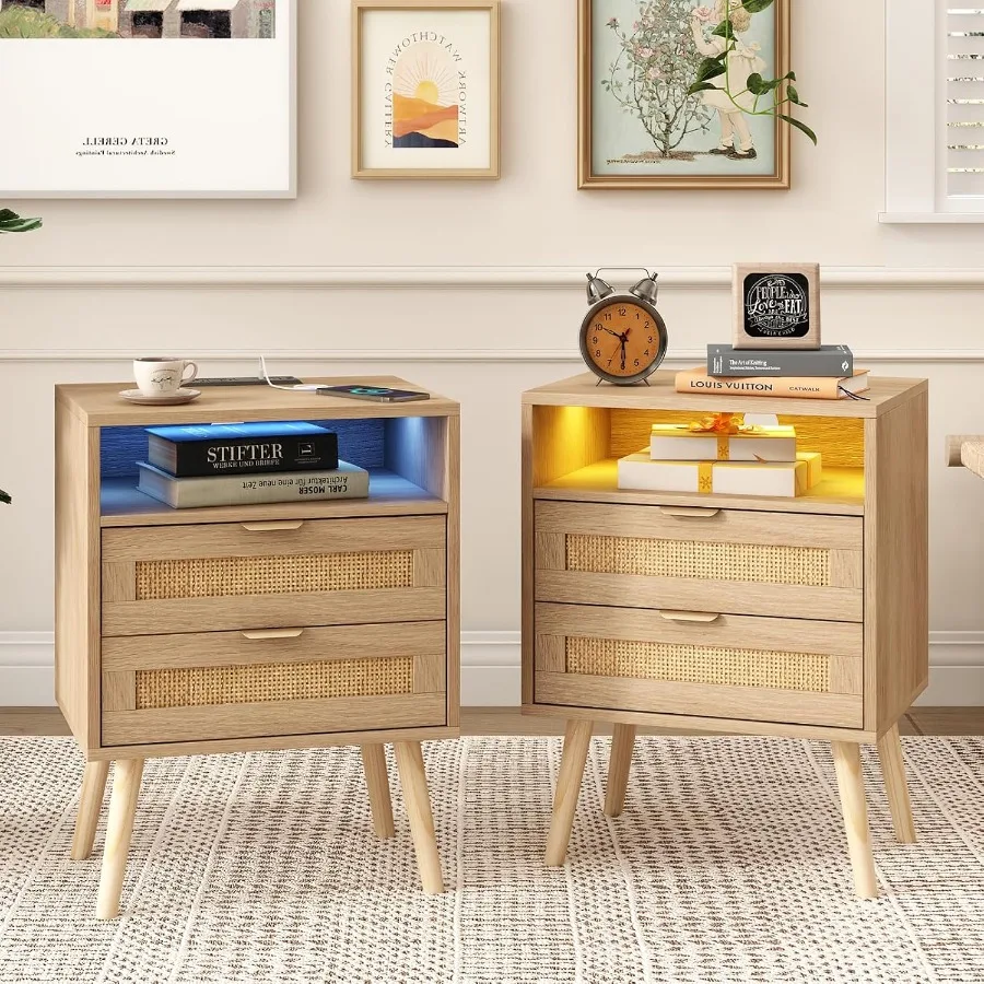 Rattan Nightstand Set of 2 for Bedroom, Natural Rattan, Natural Wood Tone, Built-in Charging Station Dual Drawers