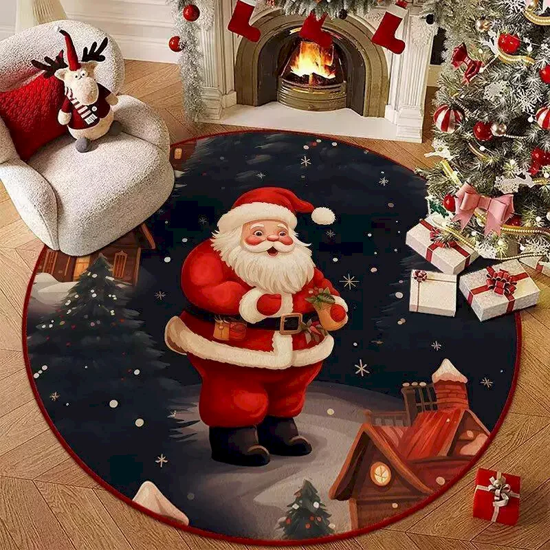 VIKAMA Christmas Santa Night House Round Rug Area Carpet Tree Mat Soft Non Slip Washable For Living Room Decor