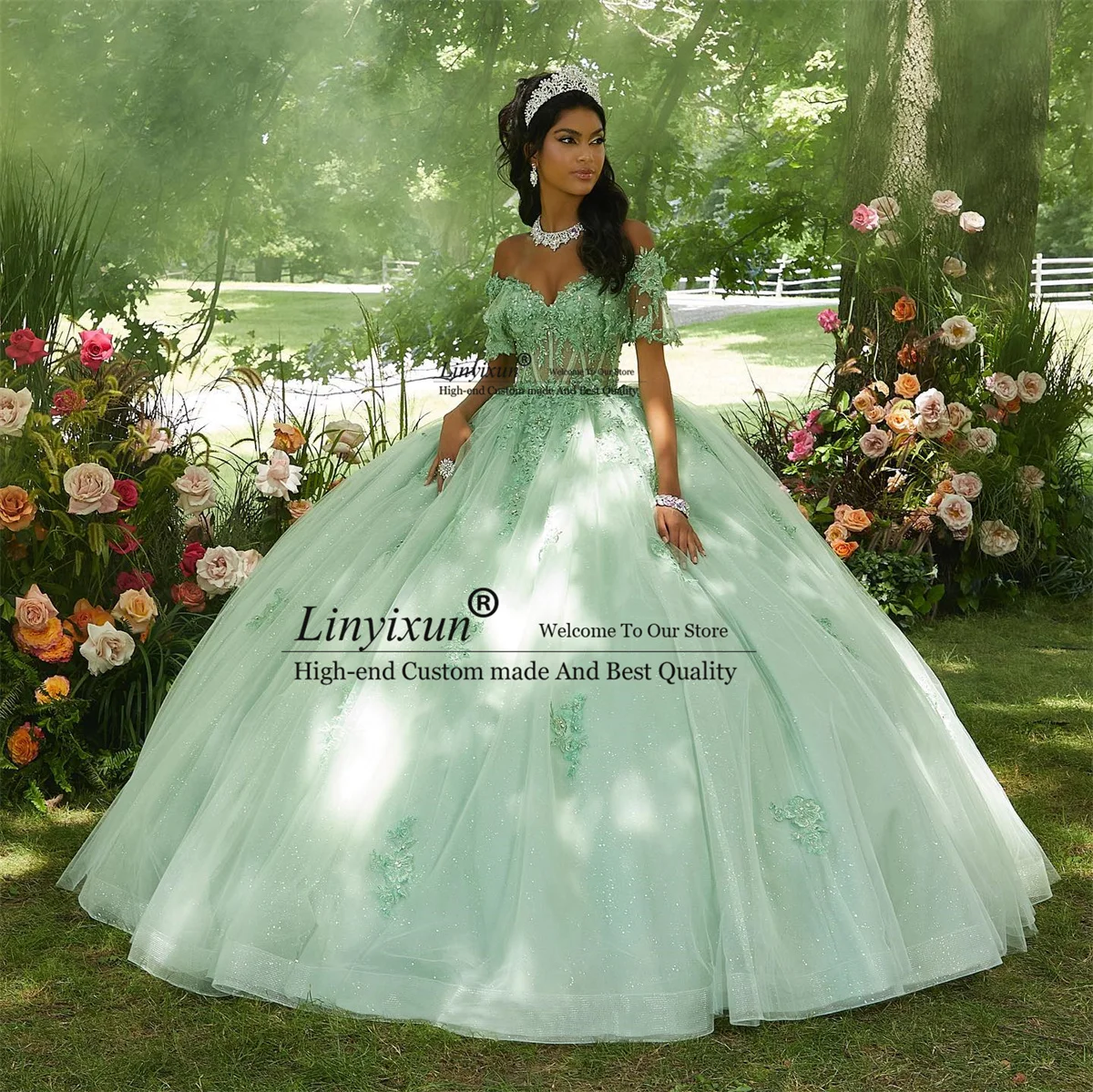 Mint Green Quinceanera Dress Ball Gown 3D Flower Applique Beads Off Shoulder Corset Sweet 16 Dress Princess Vestidos XV Años