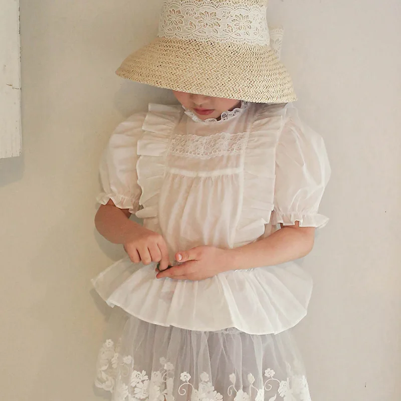 2025Summer Strawberry Shan Korean Children's Clothing Children's Girls Fashion Lace Waist-Cinching Solid Color Shirt In Stock