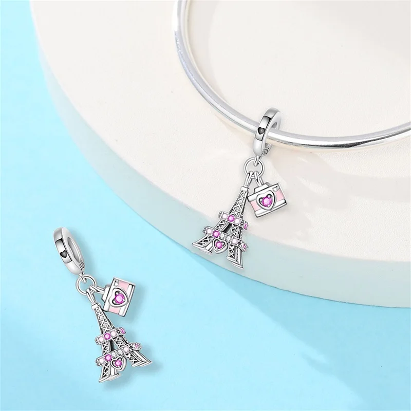 925 Sterling Silver Paris Eiffel Tower Dangle Charms Rose Camera Zircon Pendants Women DIY Charm Bracelet Birthday Jewelry Gift