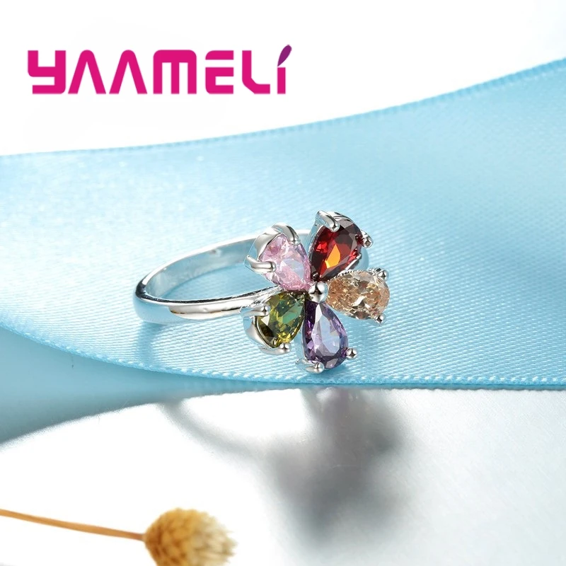 Beautiful Flower Shape Colorful Crystal 925 Sterling Silver Color Women Wedding Engagement Rings Fashion Party Finger Jewelry