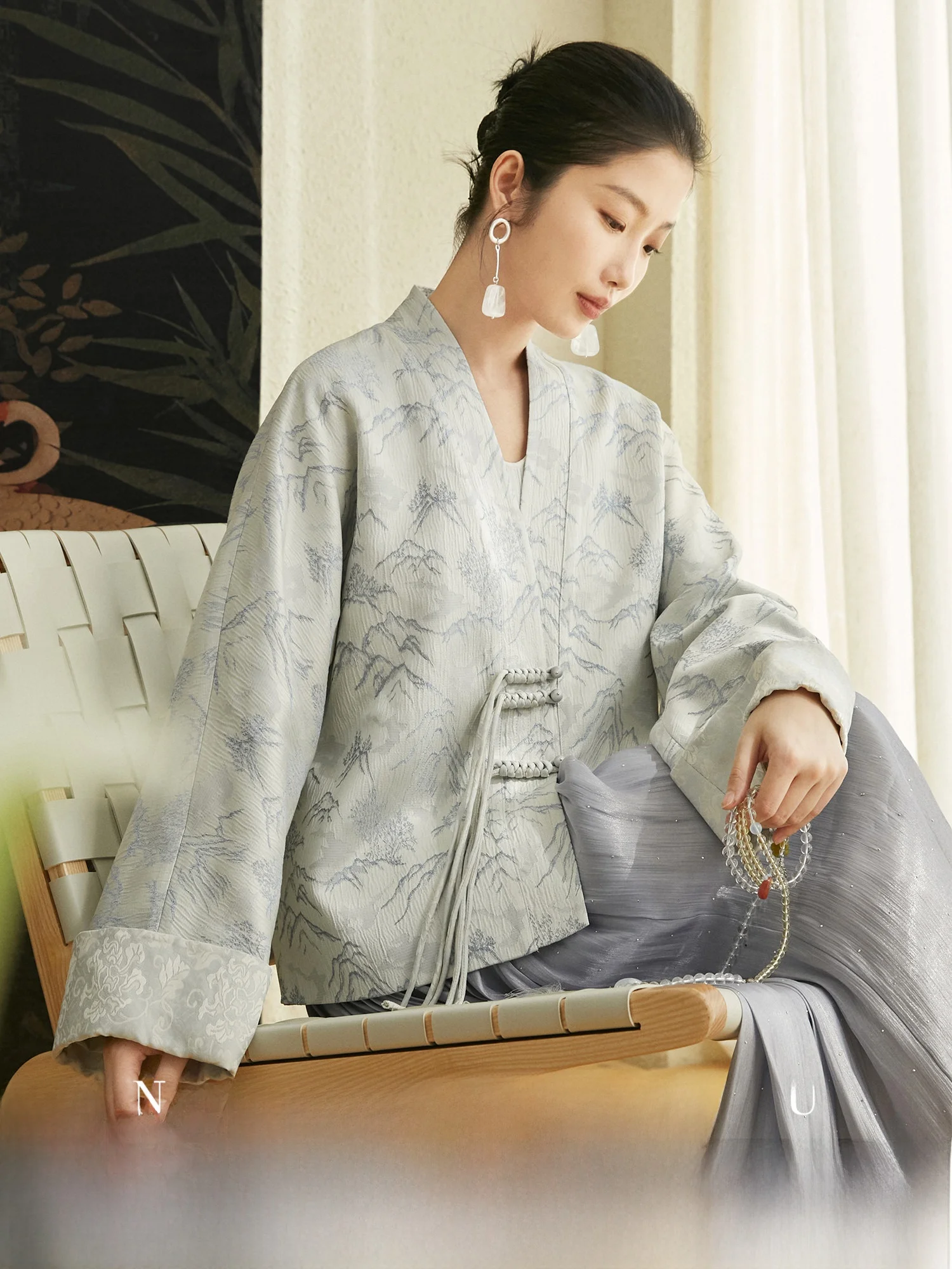 

Slimming Handmade V-ne Outerwear Women's Faion Casual Loose Fit Long Sve Plant Floral Patterned Fabric Jaet