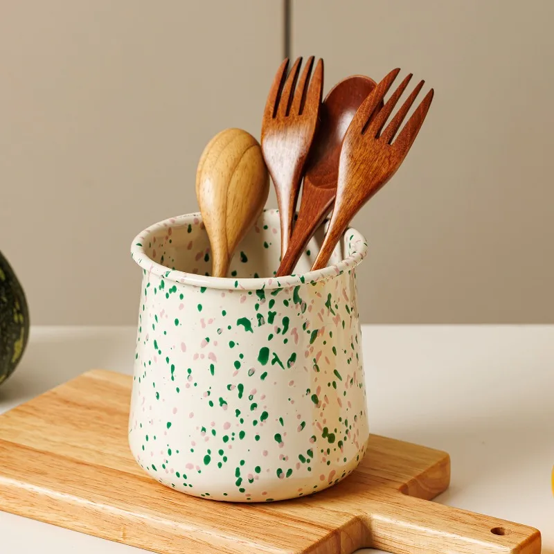 Kitchen Countertop Chopstick Rack, Multicolor Speckled Cutlery Storage Container for Spoon Fork Splatter Enamel Utensil Holder