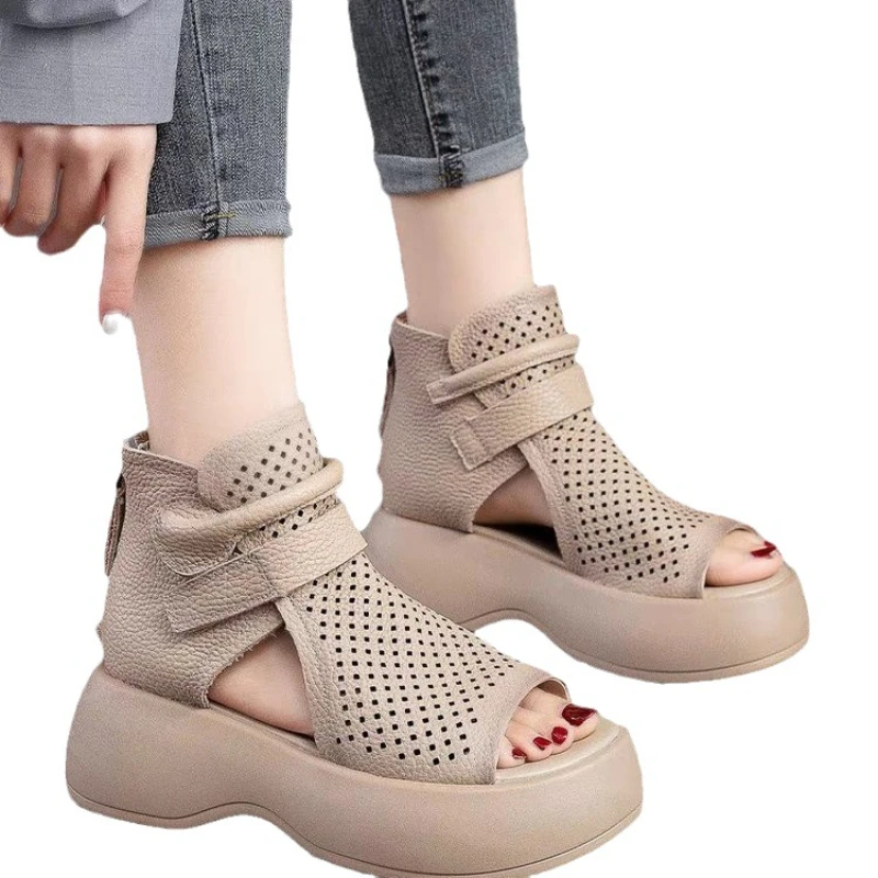 

2024 Retro Soft PU Leather Ladies Cool Boots Fashion Women Sandals Summer Fish Mouth Sandals Wedges Mid Heels Shoe Sandalias