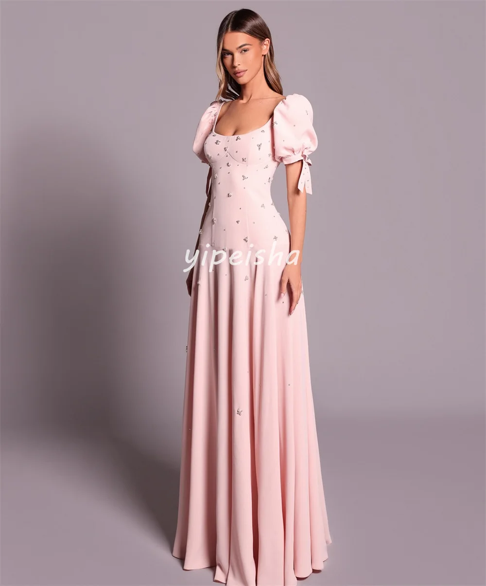 Customized Matching Intricate Jersey Rhinestone Pleat Bow A-line Square Neck Long Dresses Bespoke Occasion Dresses High Quality