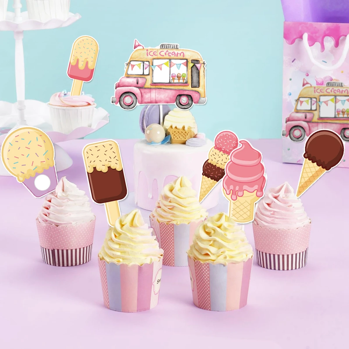 Ice Cream Cake Insert Theme Cupcake Toppers Ice Cream Birthday Party Decoration Kids Birthday Party Supplies Baby Shower Favors