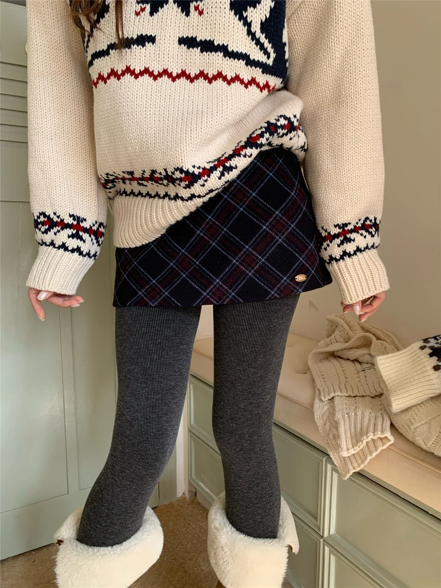 

Cisas Plaid Skirt A-Line Woolen f-length Women's Slimming Versatile PPOHOME Casual Sle Stand Fit Zipper Closure