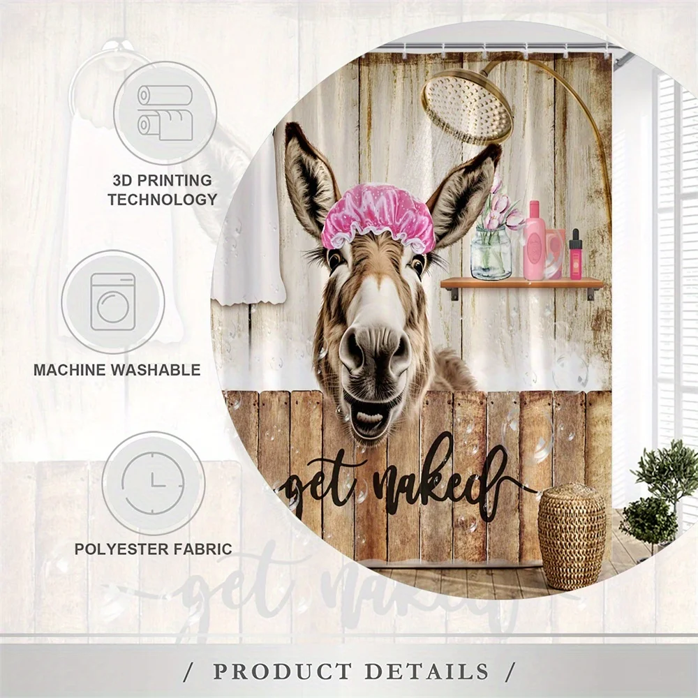 Whimsical Donkey Bathing Shower Curtain with Rustic Wooden Background -Fun\