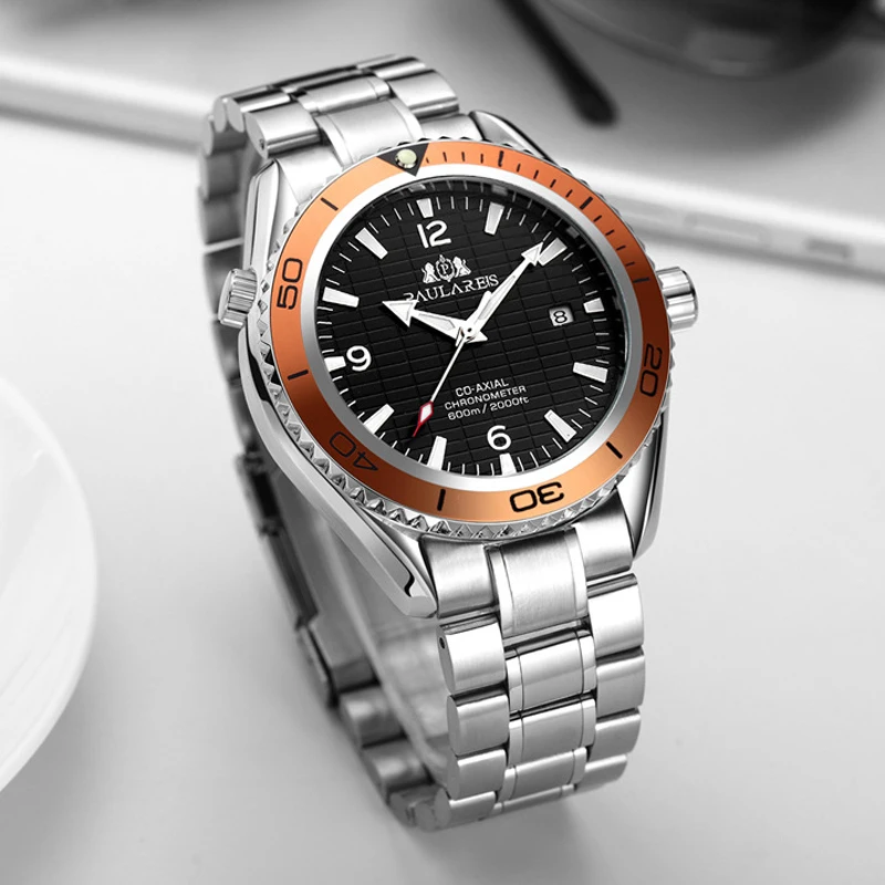 PAULAREIS P Orologio meccanico automatico a carica automatica da uomo Cinturino in acciaio inossidabile Orologio da uomo d'affari con data luminosa impermeabile