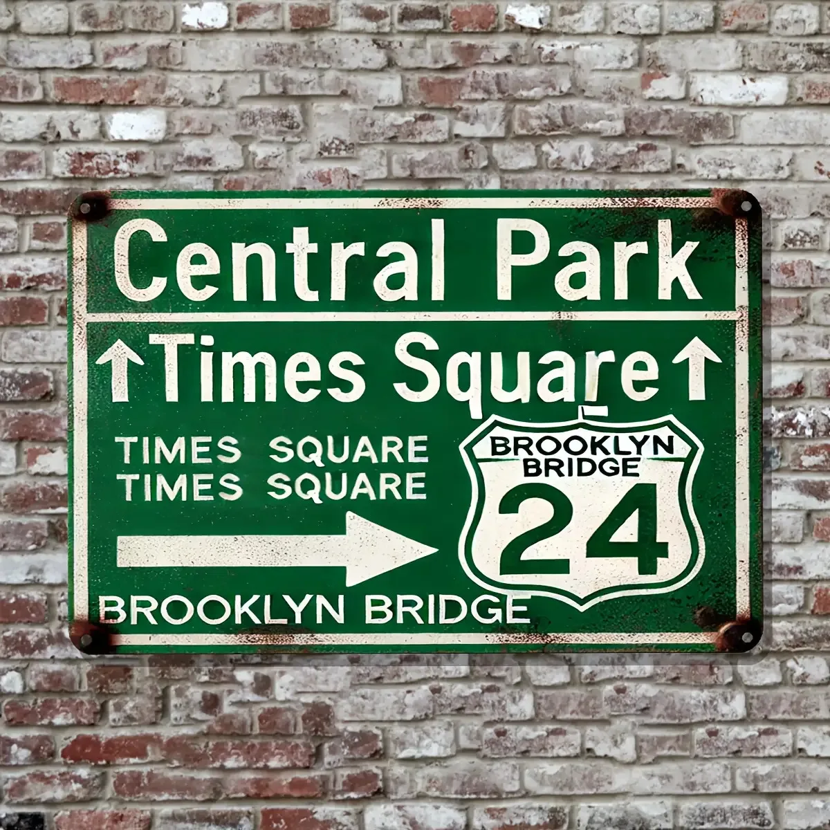 Placa de Metal Retrô Vintage 2D com Pontos Turísticos de Nova York - Temática Central Park, Times Square e Rota da Ponte de Brooklyn