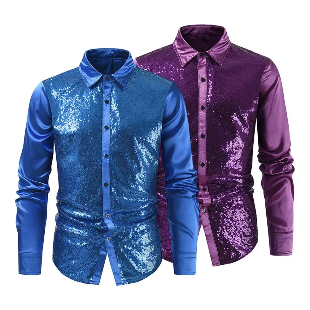 

Solid Color Men Shirt Sequin Performance Shirt for Men with Turn-down Collar Long Sleeves Satin Club Party Stage Show Attire