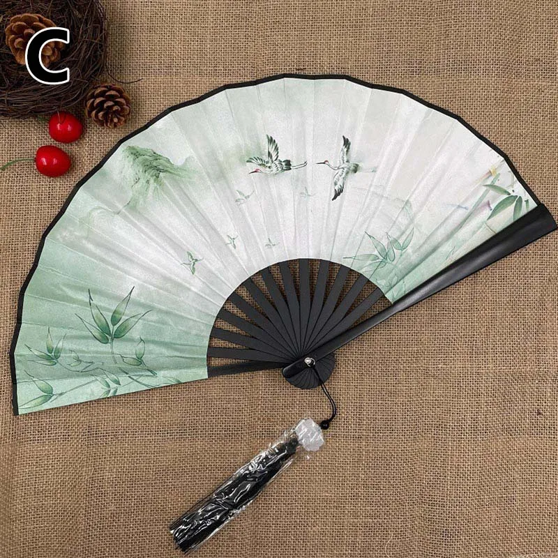 Double Sided Ancient Style Plastic Fans Dragon Fairy Crane Folding Fan Silk Fabric Chinese Style Dance Fan Hanfu Retro Fans Gift