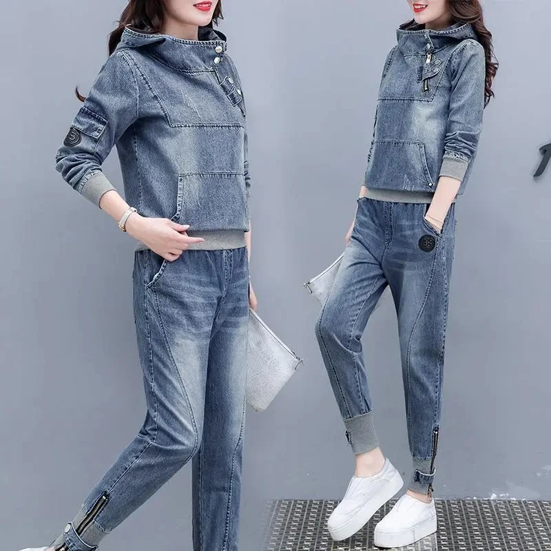 

Cowboy Suit Women's Hooded Casual Sports Temperament Spring autumn Fashion Denim Long sleeved Two-piece Set Women's Clothing