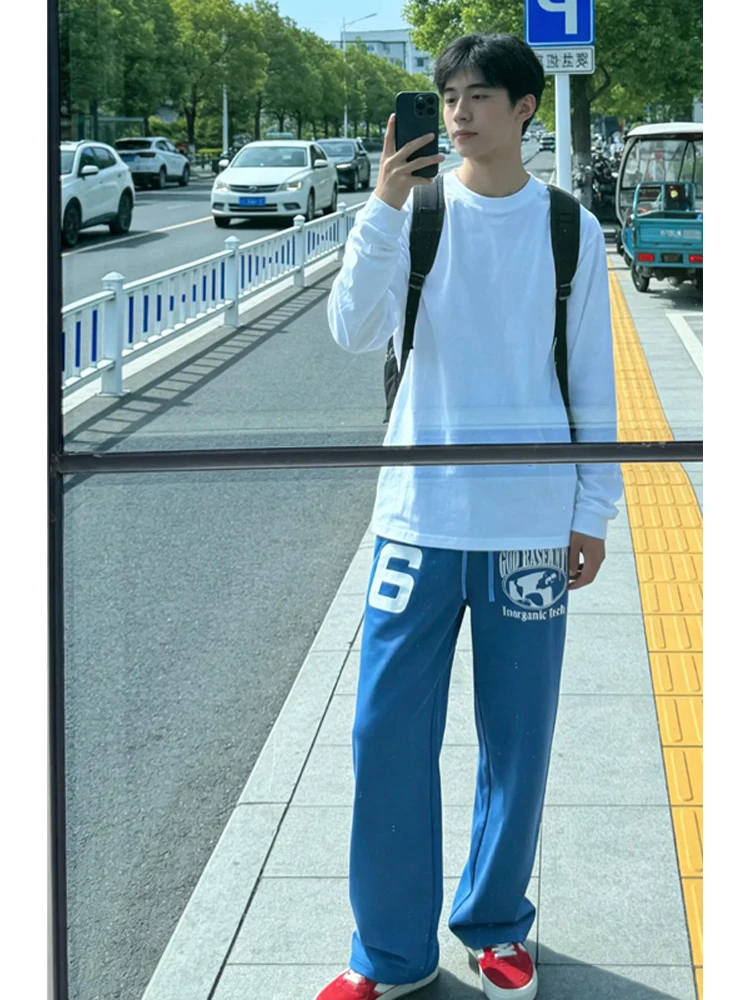 

American Sle Printed Curved Knife Sweatpants Men's Heavyweight Blue Casual Loose Straight Leg Sports Pants Spring Season