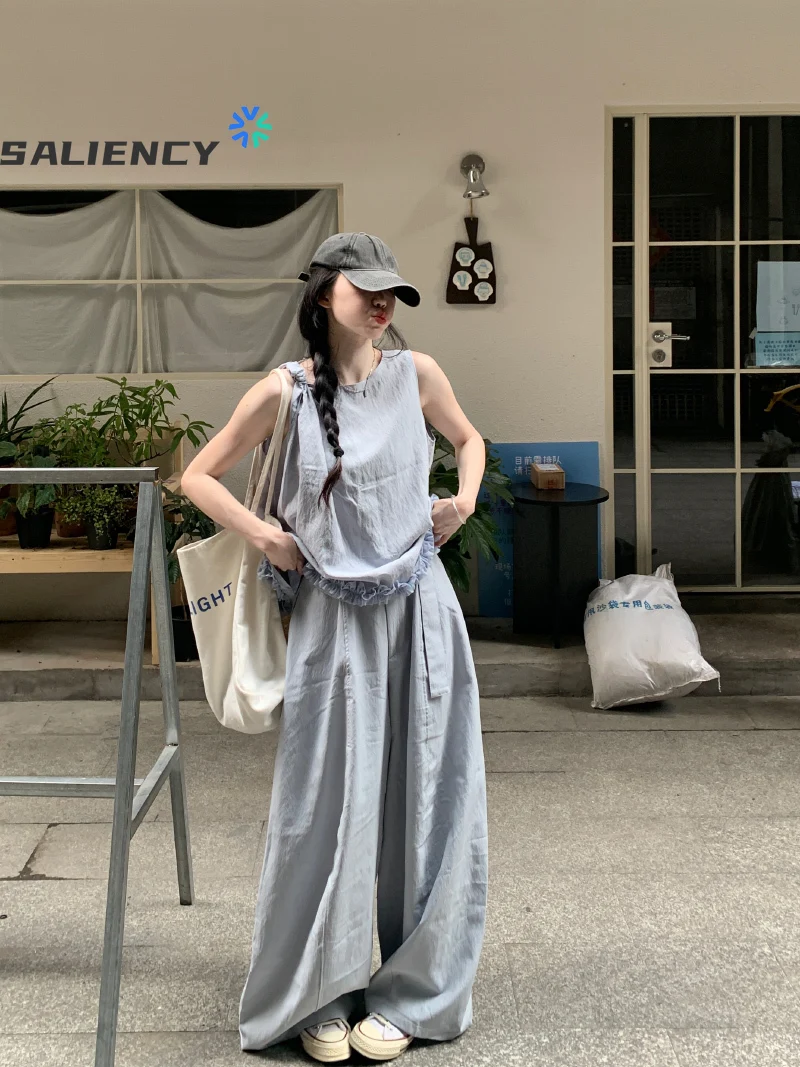 

Классические однотонные широкие брючные костюмы, летняя мода, майка без рукавов, драпированные повседневные брюки, комплекты из 2 предметов, повседневная уличная одежда, 2025 г.