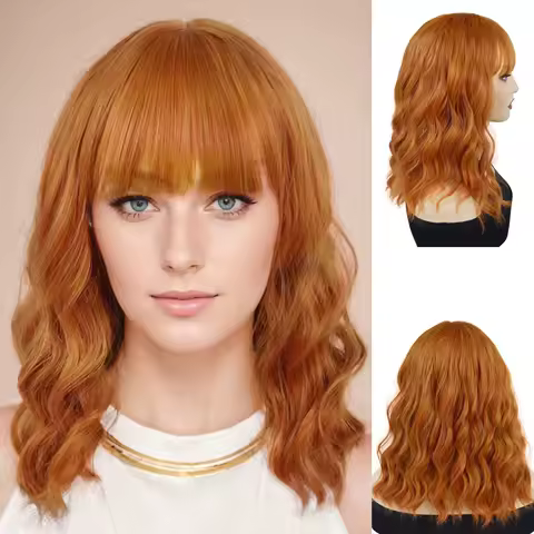 Premium Synthetic Women Short Orange Wavy Wig with Bangs Anime Cosplay Costume Wave Curly Wigs Drag Queen Wig Carnival Party