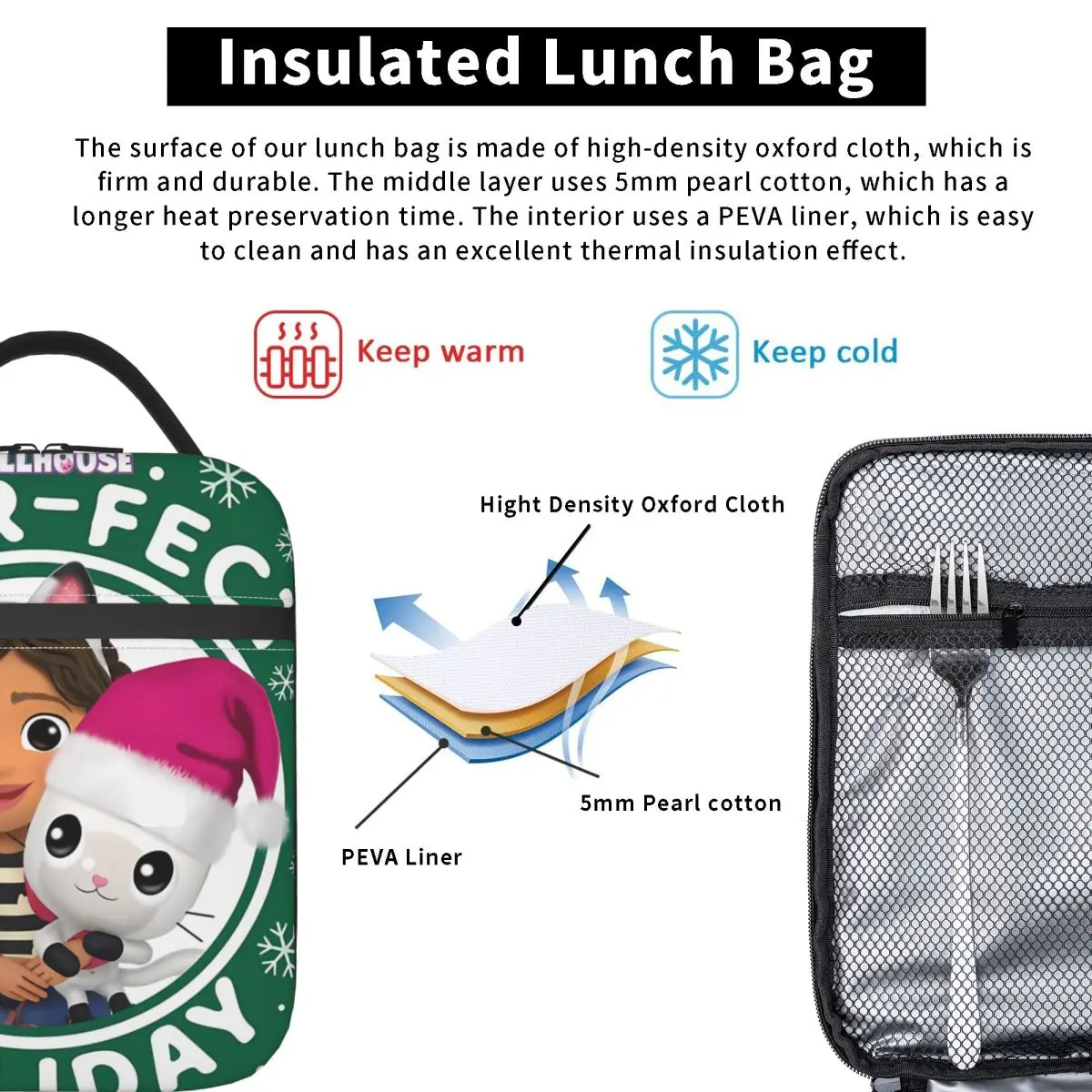 G-Gabby's Dollhouseds حقيبة الغداء الكبار الرجعية المدرسة المحمولة سستة مقاوم للماء طباعة الحرارية برودة علب الاغذية حمل #3