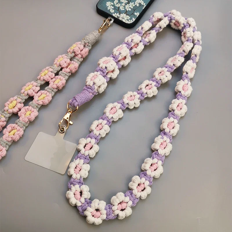 Mobile Phone Lanyard Crossbody Long Anti-loss Shoulder Back High-end Women\'s Hand-woven Wool Cotton Rope Daisy Flower Chain