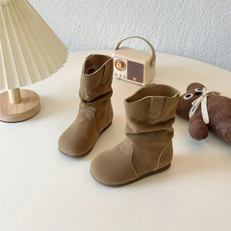 Girls Vintage Boots Autumn Winter 2025 Kids Warm Flannel Lined Fashion Footwear Versatile Children's Shoes