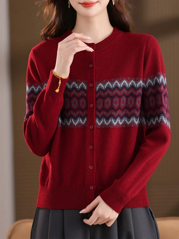 Birdtree، سترة صوف الأغنام 100%، سترة نسائية محبوكة من قماش الجاكار برقبة دائرية، صدر واحد، معطف خريف وشتاء 2025، رمادي، RedT5N402JF