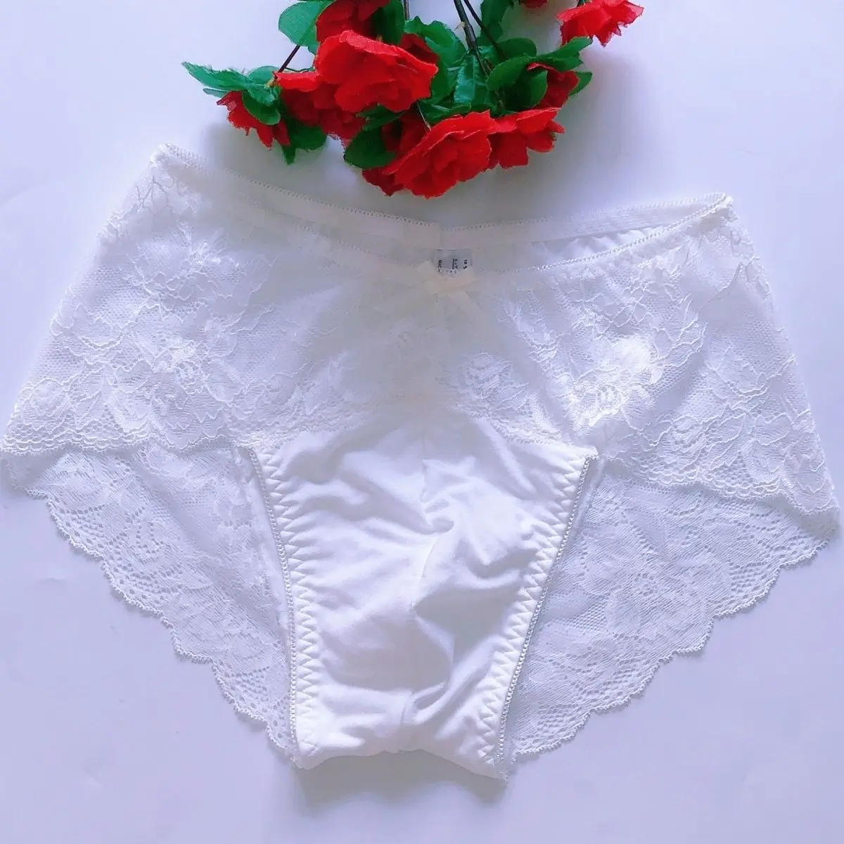 Plus Size See Through Lace Bow Man's Sexy lingerie Cross-dressing Briefs Couple Erotic Underwear Private Party BF Panties Gifts