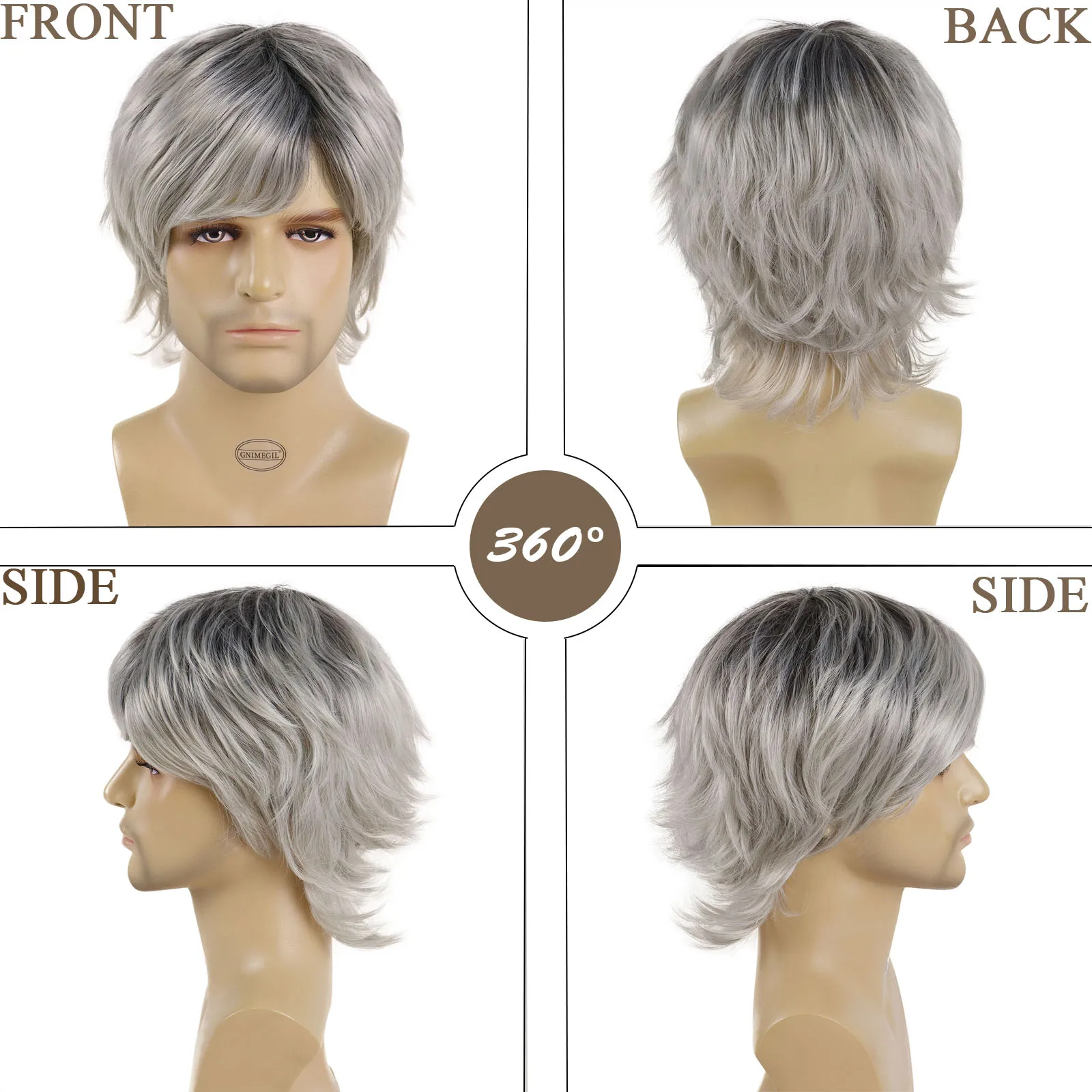 Perucas cinza ombre para homens, cabelo sintético, peruca curta com Franja, raízes escuras, cor gradiente, peruca velha, penteados naturais, cosplay