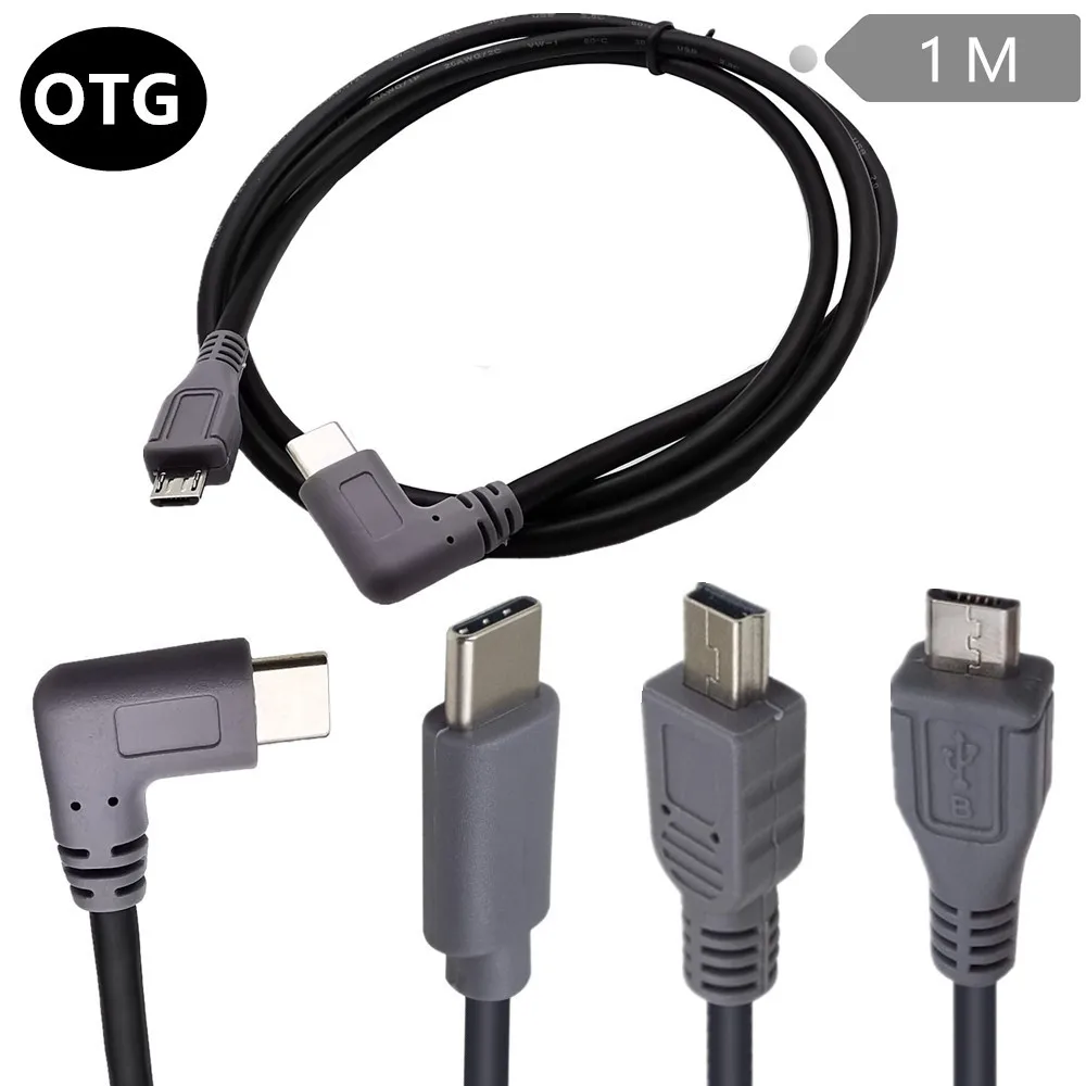 90 Degree Elbow USB 3.1 Type-C To Mini 5P / Micro USB OTG Male To Male Data Charging Adapter Cable USB-C 1m 3ft