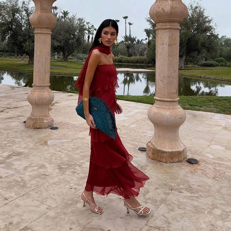 Damen Patchwork Trägerloses Maxikleid Ärmellos mit Rüschensaum und Schal Schnürkleider 2026 Sommer Elegantes Abendkleid für Damen – Detail 8
