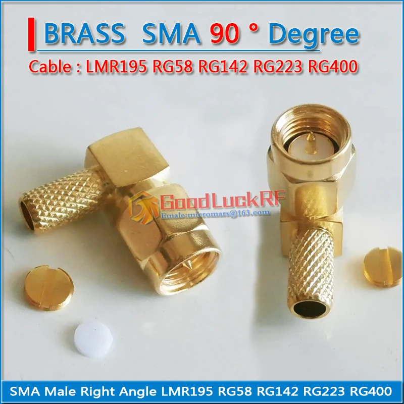 

1X Pcs RF Connector SMA Male Jack 90 Degree Right Angle Crimp For RG58 RG142 RG223 RG400 LMR195 Cable Plug Brass GOLD Plated