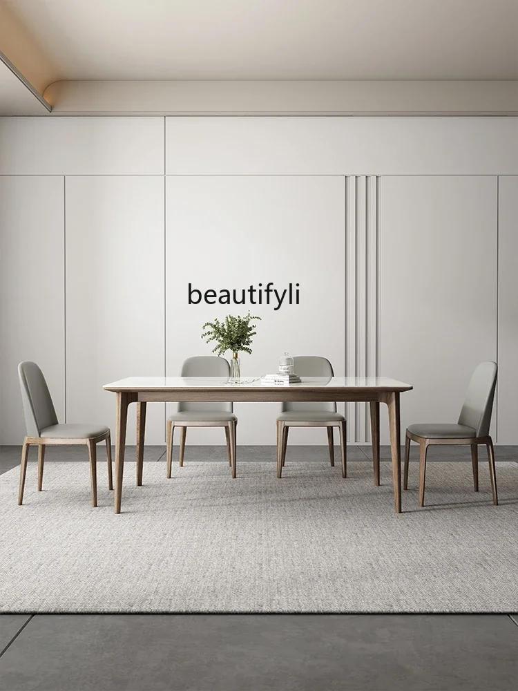 

A13 Solid Wood Stone Plate Dining Table Modern Minimalist Ash Rectangular Bright Small Apartment Stone Plate Dining Table and Ch