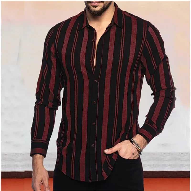 Striped business men\'s shirt spring and summer lapel Three-dimensional clipping  long-sleeved burgundy stretch shirt Fashion Top