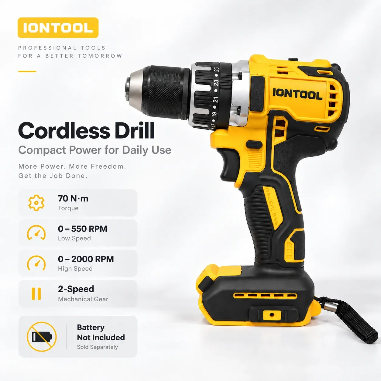 IONTOOL Yellow power tools Electric Cordless Drill Driver 70N.m for Metal Wood Drilling and Home Repair Workshop Tool