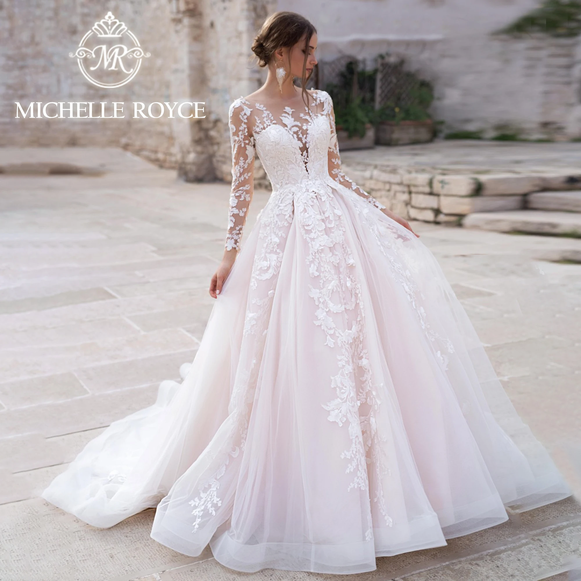 

Michelle Royce A-Line Wedding Dresses For Women Classy Illusion SCOOP Appliques Long Sleeve Wedding Gown Vestidos De Novia