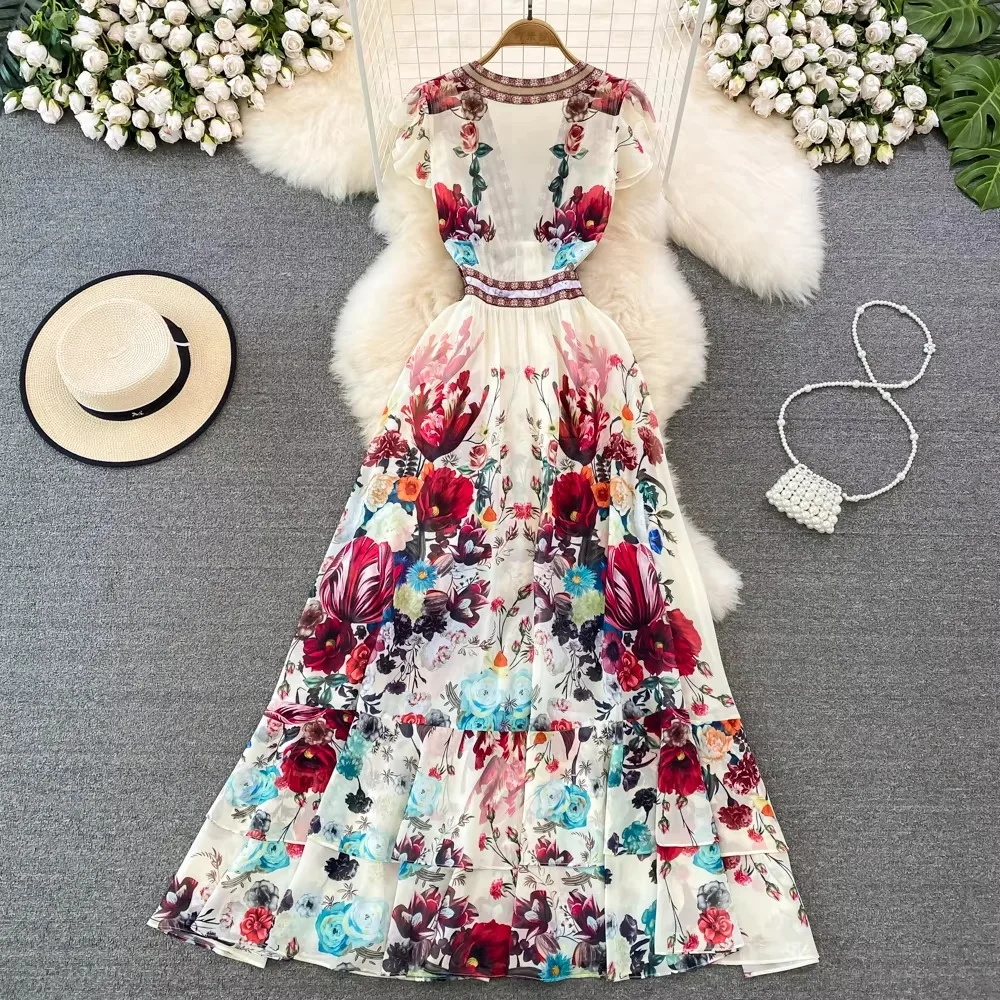 Floral Print Pleated Elegant Sleeveless Dress A-line High Waist V Neck Beach Vacation Party Dress Women Summer Vintage Vestidos