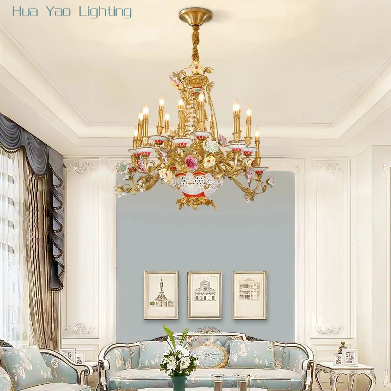 French Living Room Dining Copper Pendant Light European Luxury Copper Lamp Villa Garden Brass Ceramic Flower Romantic Chandelier