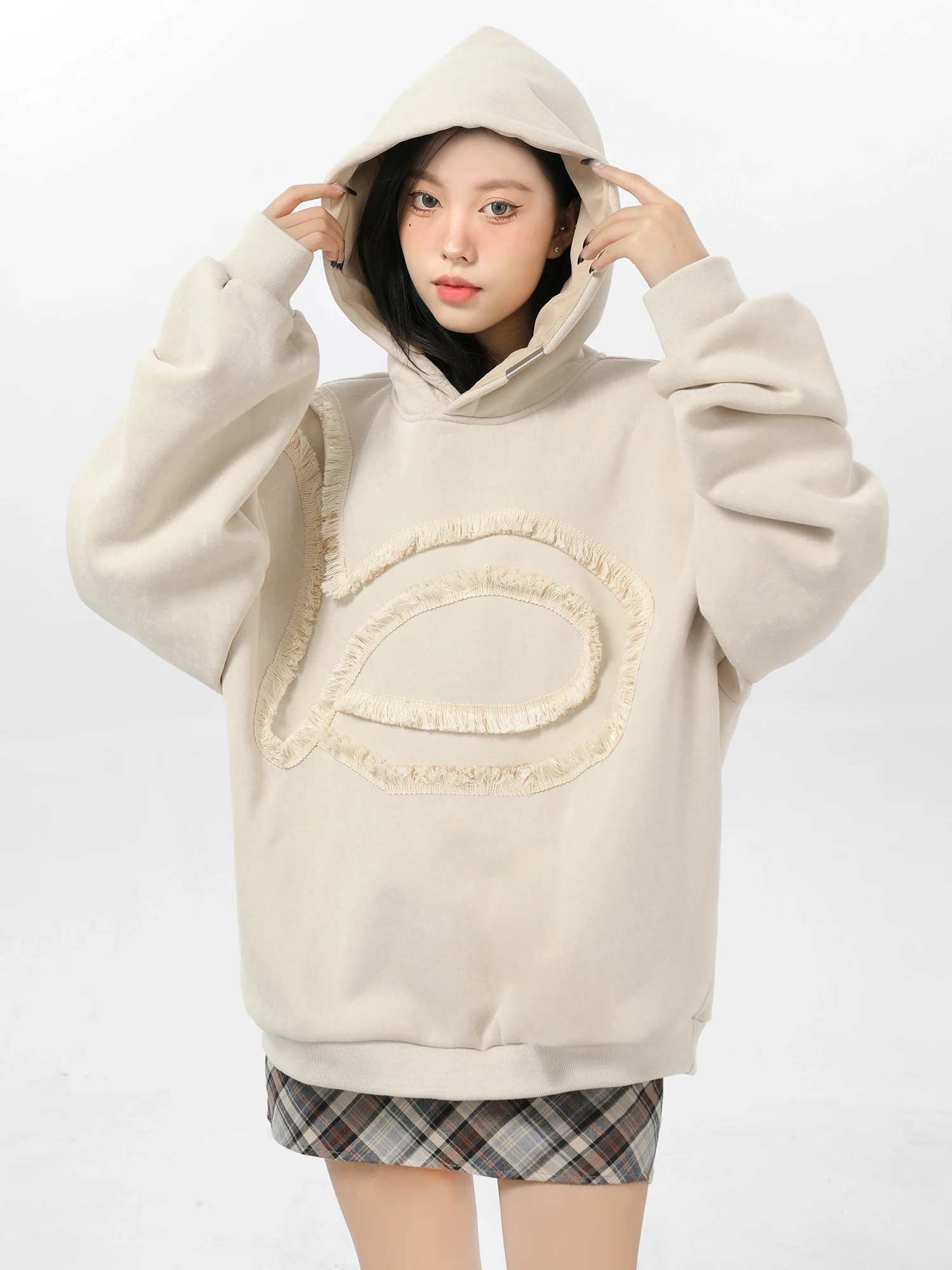 American Apricot Hoodies Coat Autumn and Winter Preppy Style Fleece-Lined Thick Oversize Fashionable All-Match Sweatshirts