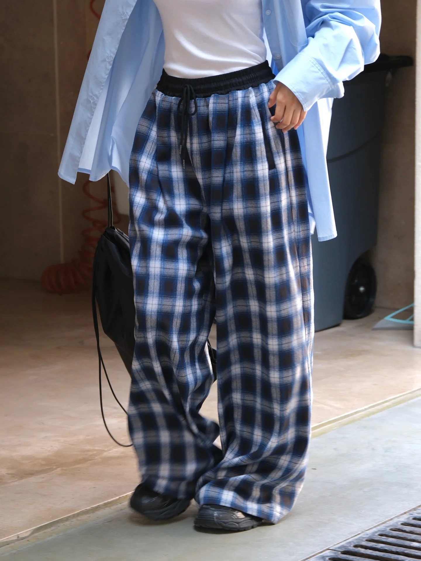 Spring and Autumn Women's Casual Checkered High Waist Loose Wide Leg Pants