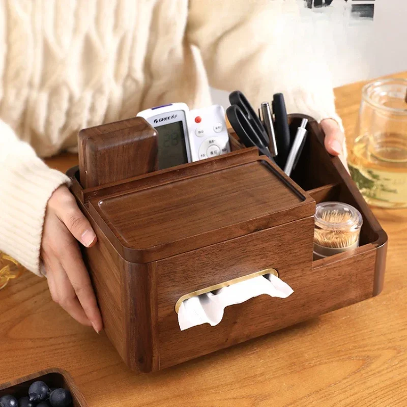 Multifunctional Tissue Storage Box Black Walnut Wood Organizer with Drawers Living Room Paper Holder Desktop Organization Bin