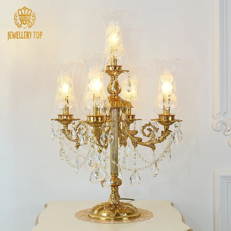 Jewellerytop French Antique Brass Luxury Decorative Desk Lamp Dining Table Lamp Crystal Lampshade Bronze Table Light